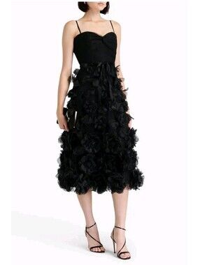 Marchesa Notte - Black Appliqued Organza & Tulle Midi Dress - 10
